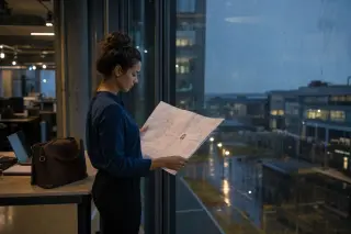 Young female engineer reviewing technical plans and notes by a window in a modern office at dusk, rain outside, with subtle lighting and a contemplative atmosphere.
