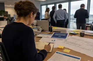 Engineer in a French open space reviewing salary reports at a busy desk, colleagues discussing in background, natural office lighting, documentary style