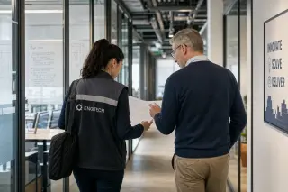 Two engineers, a young woman and an older man, walk in a modern office corridor reviewing technical documents together, focused on their discussion with glass meeting rooms in the background.