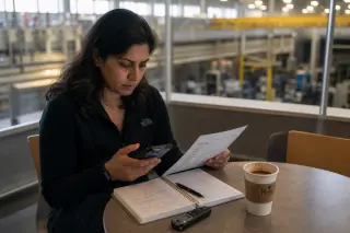 Senior female engineer in an industrial break area, reviewing notes and resume with a focused, contemplative expression, late afternoon light.