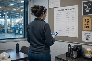 Mid-career female engineer in technical clothes studies job offers on a bulletin board while glancing at LinkedIn on her phone in an industrial break room, soft daylight and thoughtful atmosphere.