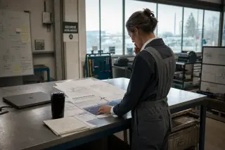 Female engineer in overalls reviews technical documents alone at a metal table in a softly lit modern industrial workspace, conveying focus and career transition.