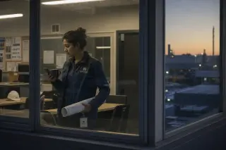 Young female engineer alone by a window in a break room at dusk, holding a phone and blueprint, looking thoughtful amidst industrial setting.
