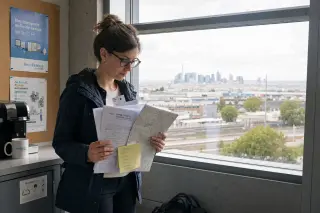 Mid-career female engineer in break area beside large window, holding annotated job offers and a metro map, city skyline visible, preparing thoughtfully in soft natural light.