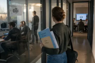Young female engineer standing in a bright corridor between office spaces, holding two different folders labeled for freelance and CDI, captured from behind in a realistic, contemplative scene.