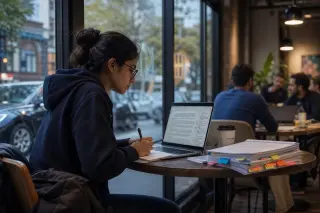 Young female engineer in a coworking café, reviewing notes on her laptop and papers, focused and absorbed, with a coffee and reports nearby, captured in a candid, natural setting with window light.