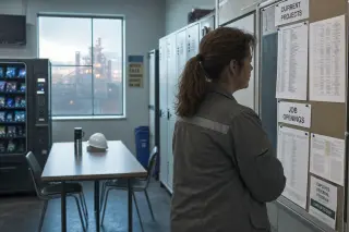 Woman engineer in fieldwear by a break room noticeboard, reviewing posted technical job offers, quietly thoughtful in cool early morning industrial light.