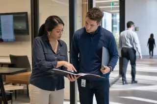 Young female engineering graduate in a modern industrial corridor reviewing notes alone, before joining a technical meeting, in a natural candid style.