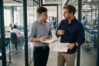 Two engineers in discussion, one taking notes as the other gestures towards a technical drawing in a glass-walled office corridor filled with natural light.