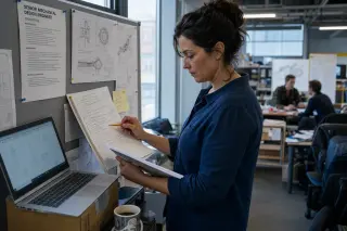 Female engineer reviewing annotated checklist by a pinboard in an open space, focused and preparing documents, with colleagues blurred in background